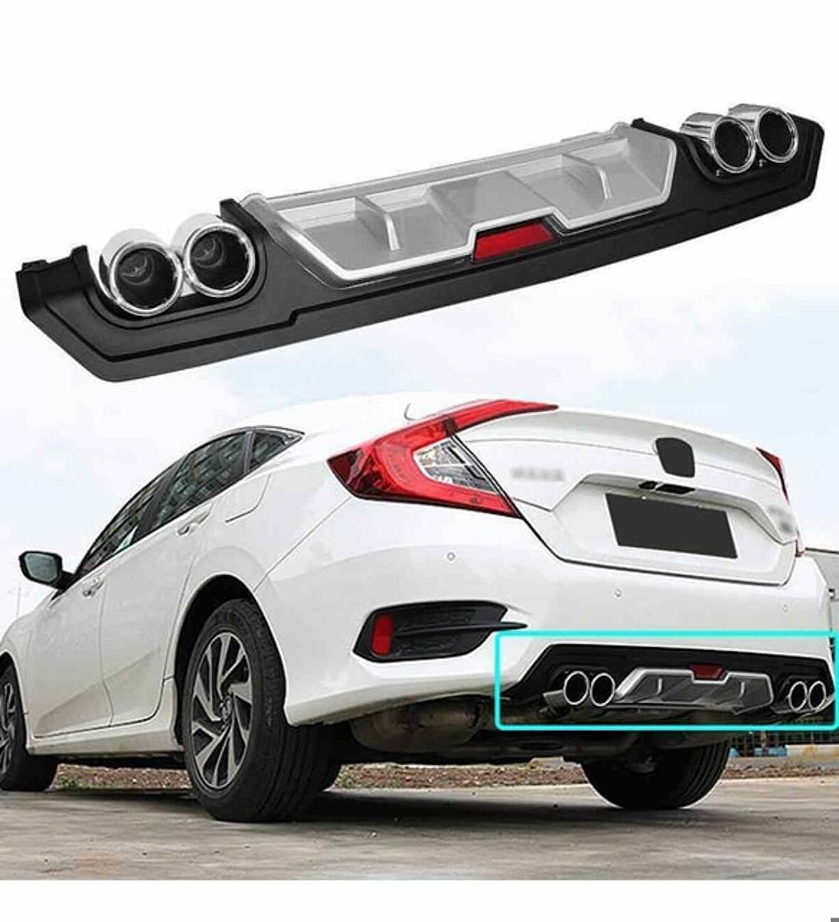 Honda Civic Fc5 4 eksoz görünümlü difüzör gri 2016-2019 arası modeller