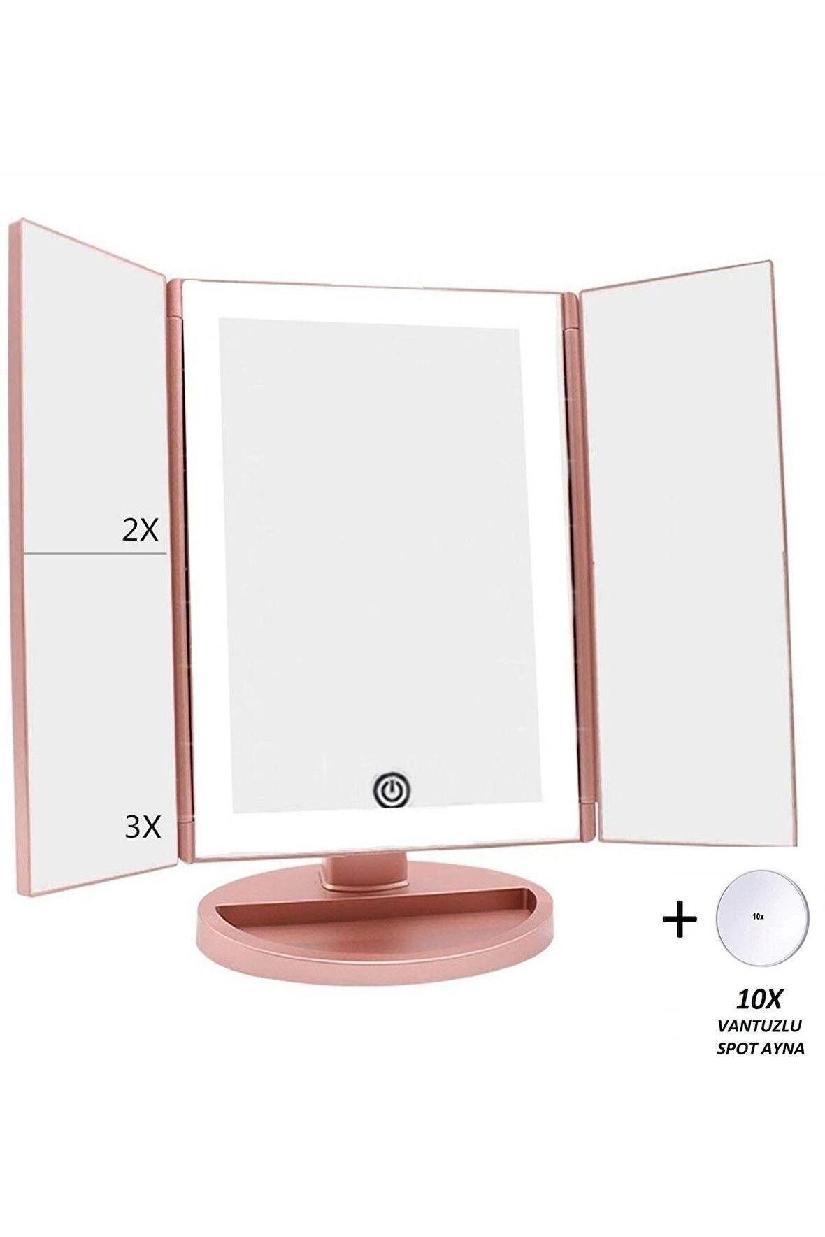 Land Of Myth 1X-2X-3X+10X HD ZOOM 37 Şerit LED Işıklı Makyaj Aynası, 3 Panel, Katlanabilir, Dokunmatik Parlaklık Ayarı (R. Gold)