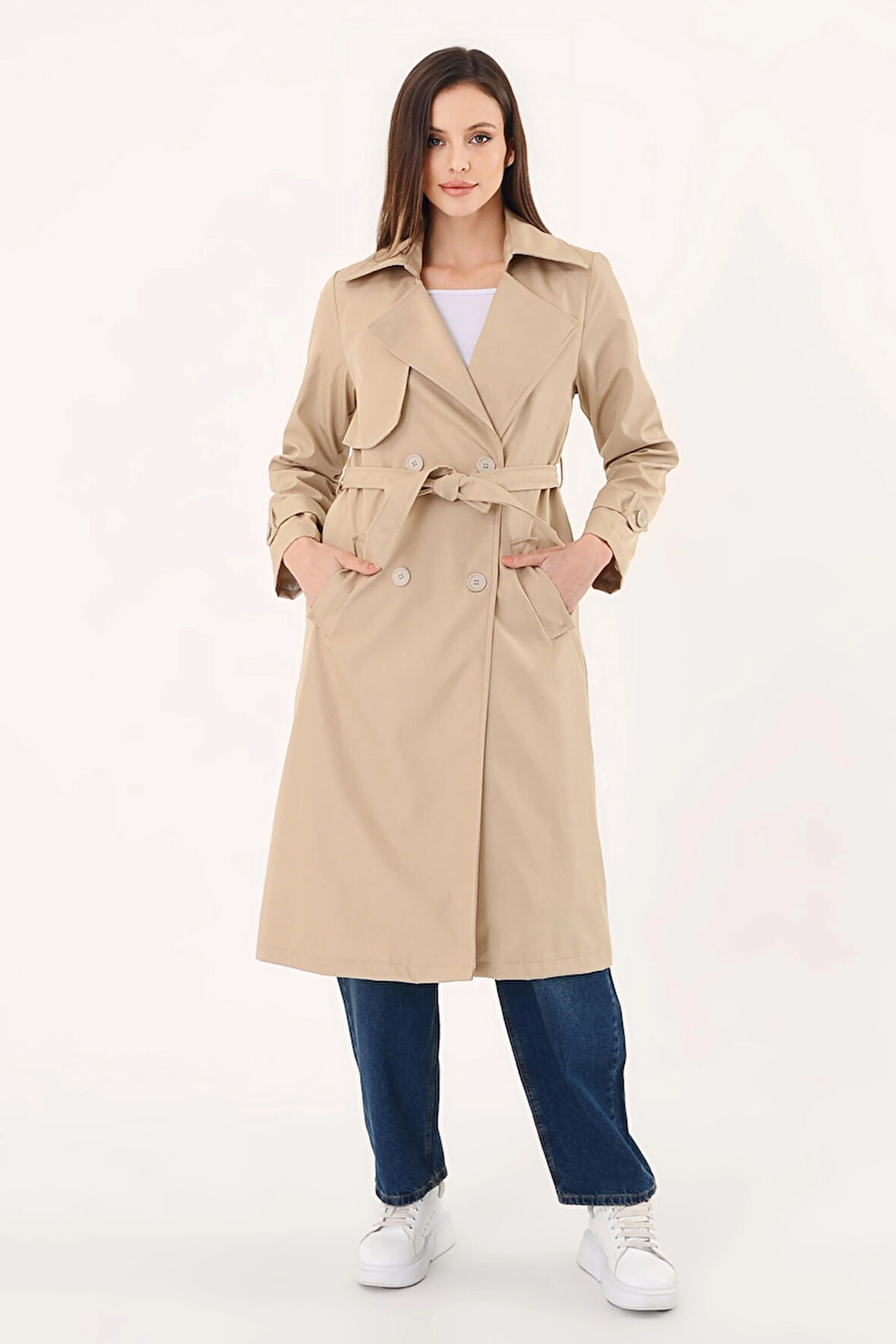 Kadın Kruvaze Yaka Bej Trençkot