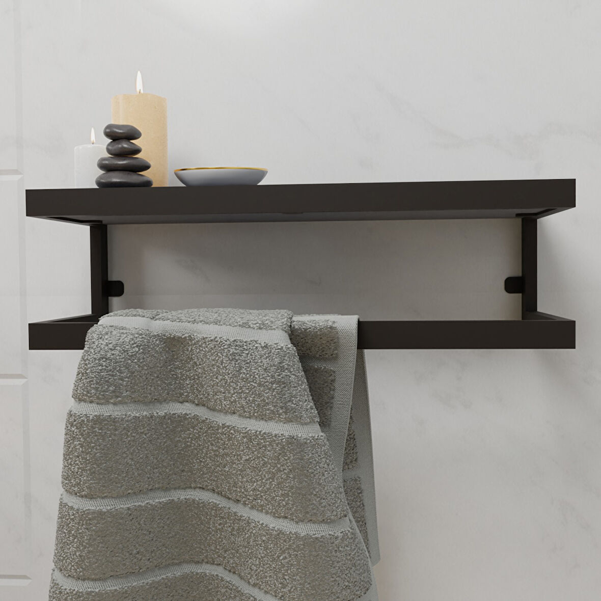 Lyla Funda Banyo Ahşap Raflı Metal Havlu Şal Askı Antrasit Raflı