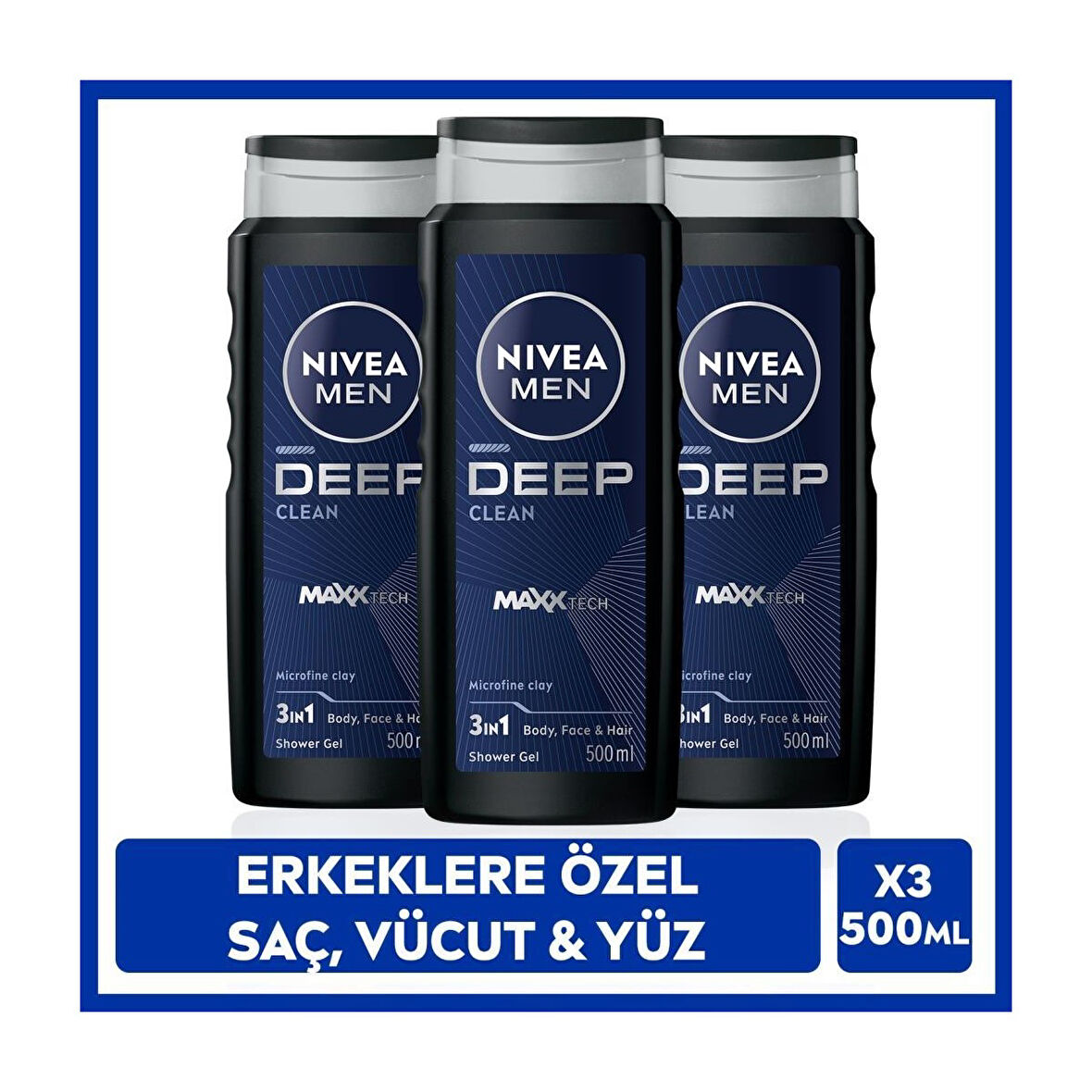 Nıvea MEN Erkek Deep Dimension Duş Jeli 500ml, 3ü1Arada Komple Bakım, Vücut Saç Yüz, Erkeksi Koku, X3Adet