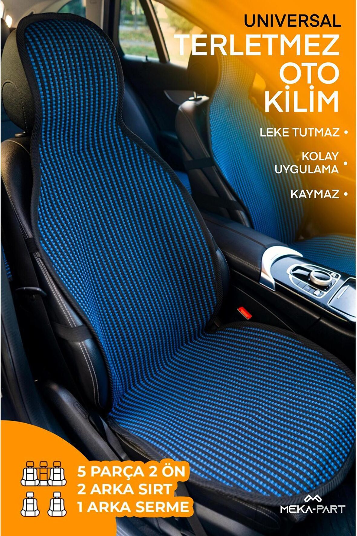 Meka Part Oto Koltuk Koruyucu Kılıf 5 Parça Universal Mavi Siyah 2+3 %100 Pamuk
