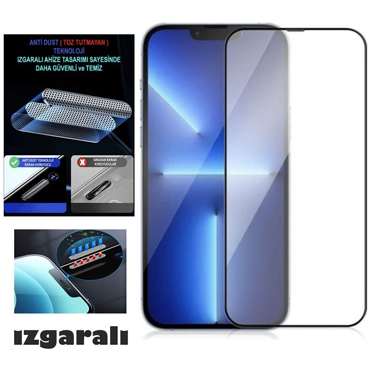 Iphone 14 Pro Ekran Koruyucu Toz Filitreli Izgaralı Anti Dust Tam Kaplayan Kırılmaz Cam