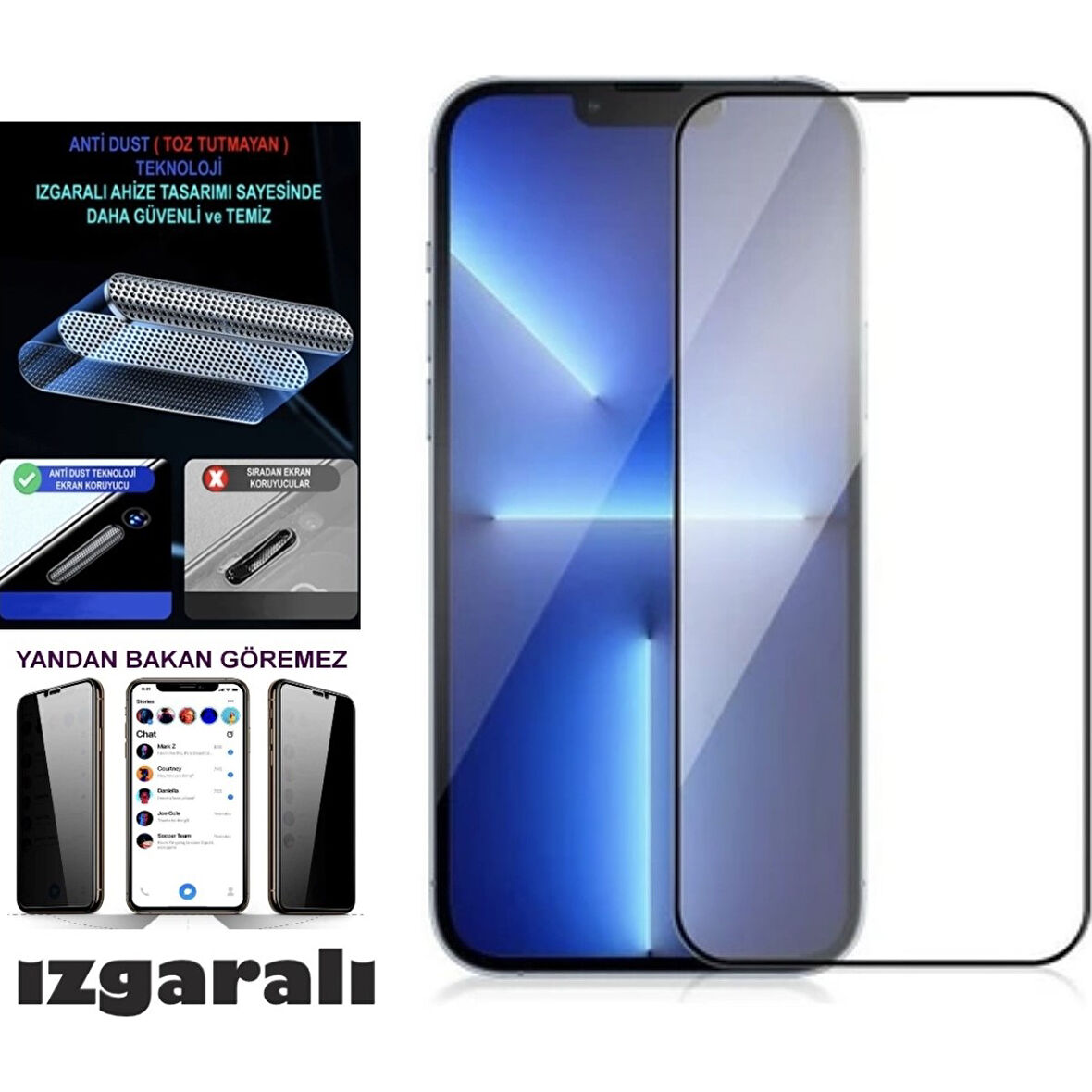 Iphone 14 Pro Hayalet Ekran Koruyucu Toz Filitreli Izgaralı Anti Dust Tam Kaplayan Kırılmaz Cam