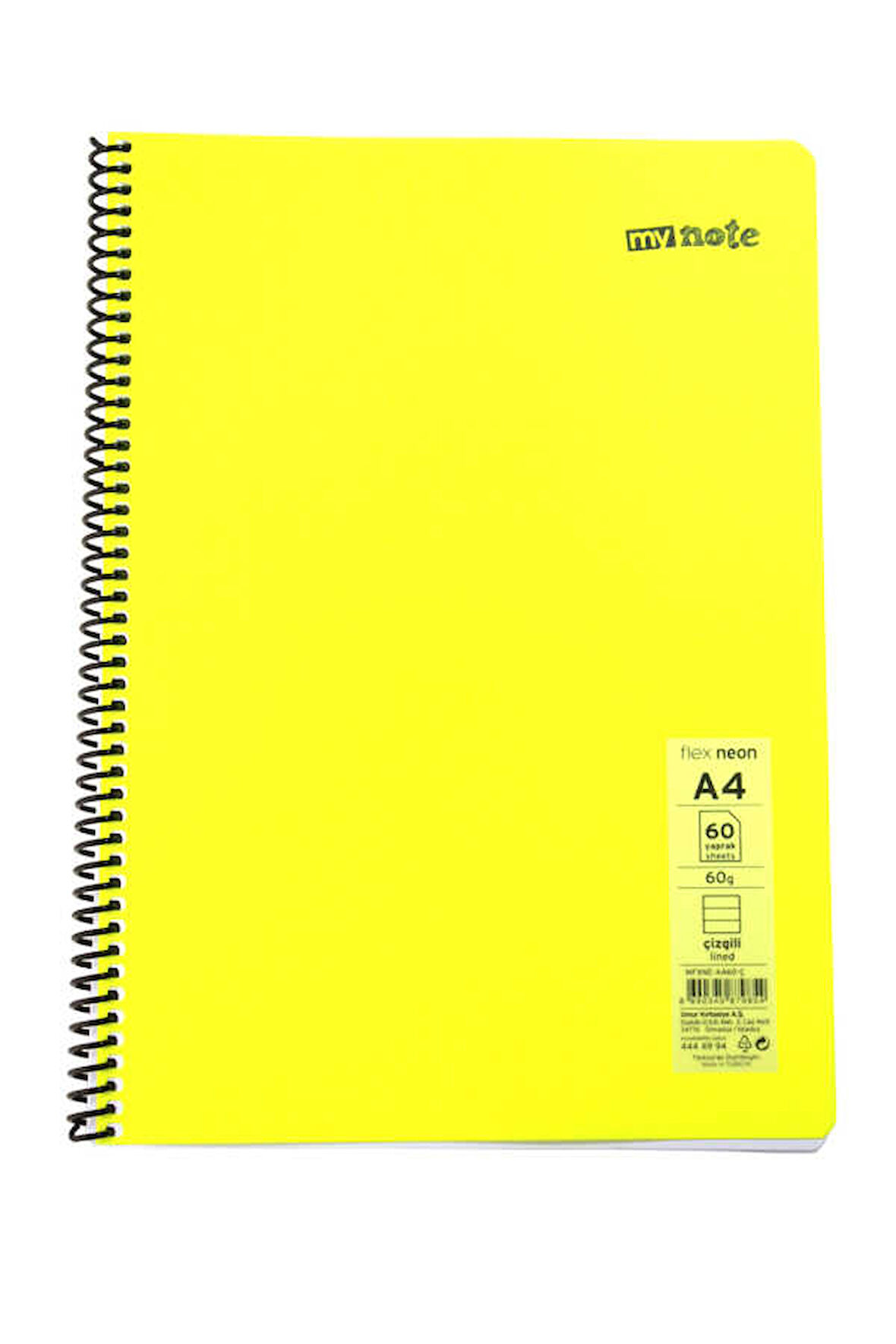 Mynote Flex A4 60 Yaprak Çizgili Spiralli Plastik Neon Kapak Defter