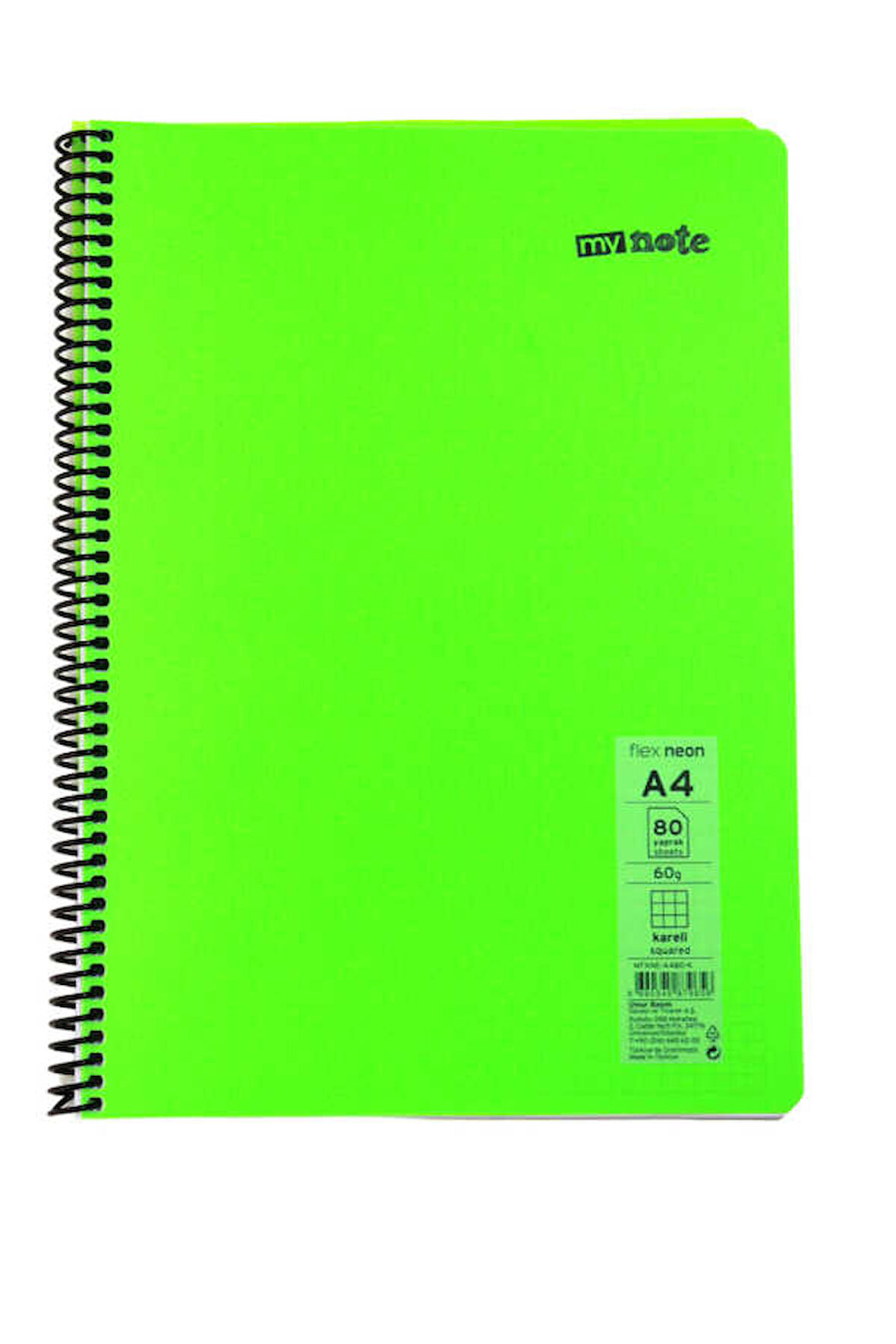Mynote Flex A4 80 Yaprak Kareli Spiralli Plastik Neon Kapak Defter