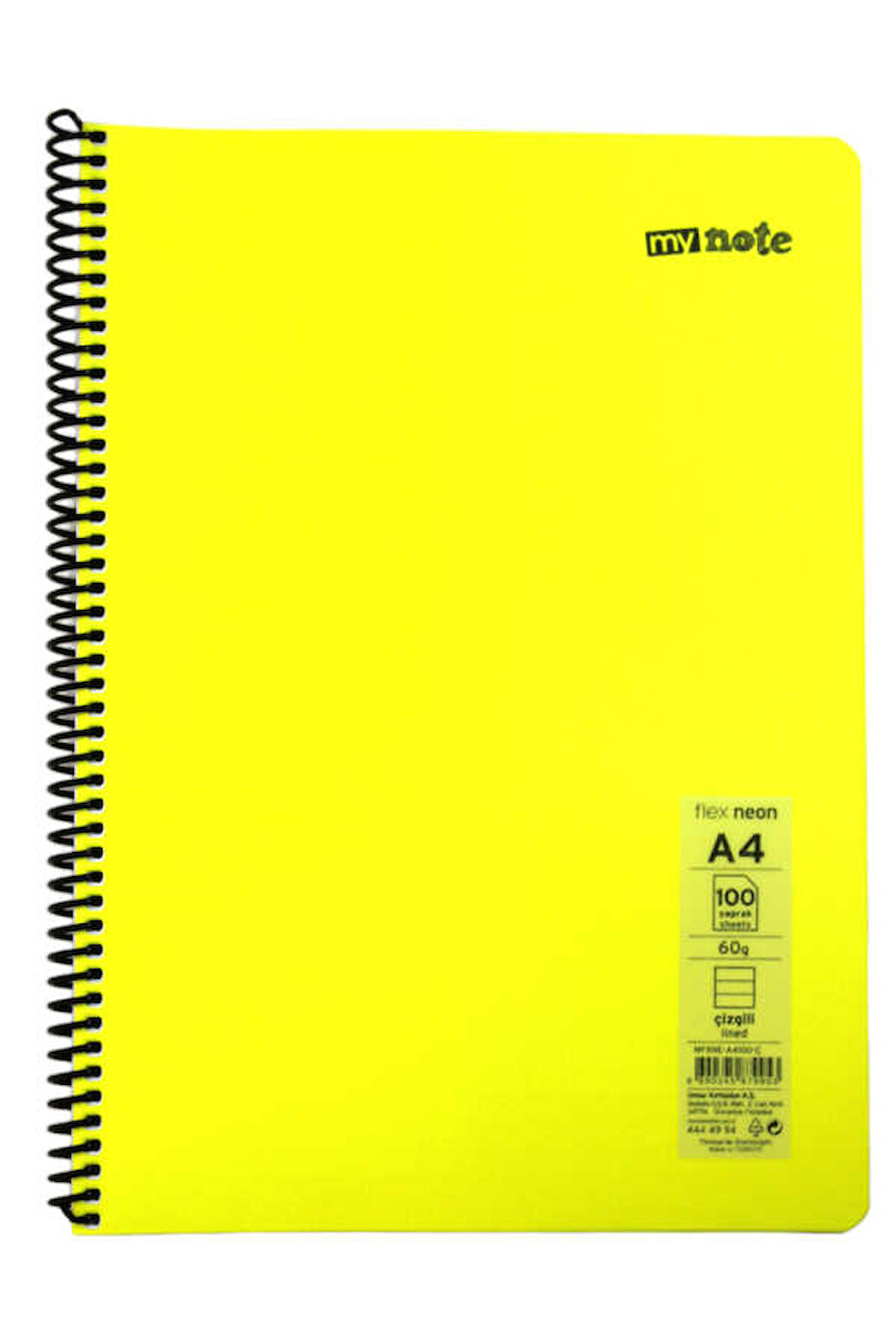 Mynote Flex A4 100 Yaprak Çizgili Spiralli Plastik Neon Kapak Defter