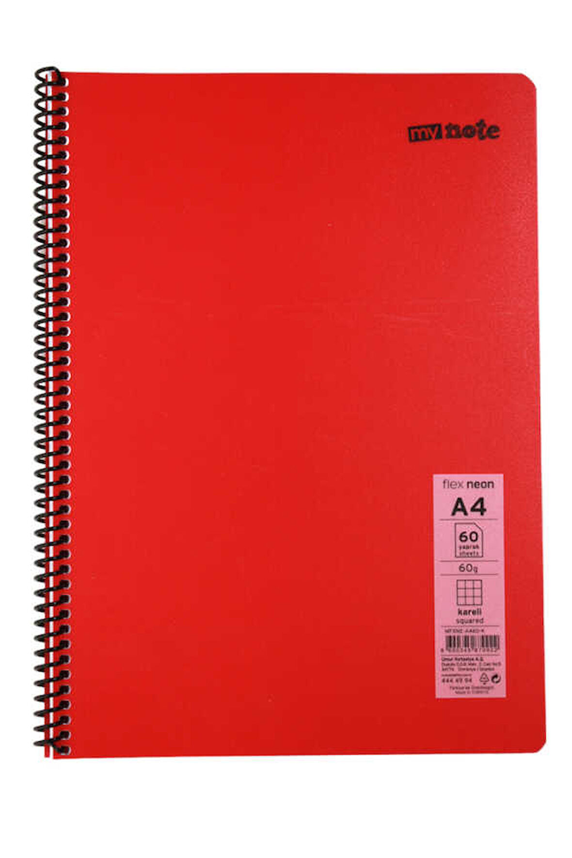 Mynote Flex A4 60 Yaprak Kareli Spiralli Plastik Neon Kapak Defter