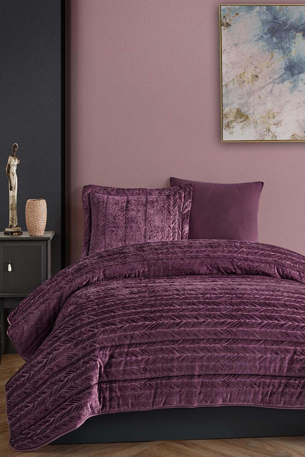 Elart Velvet Kadife Comfort Set Modern Uyku Seti Tek Kişilik Mürdüm 2 Parça