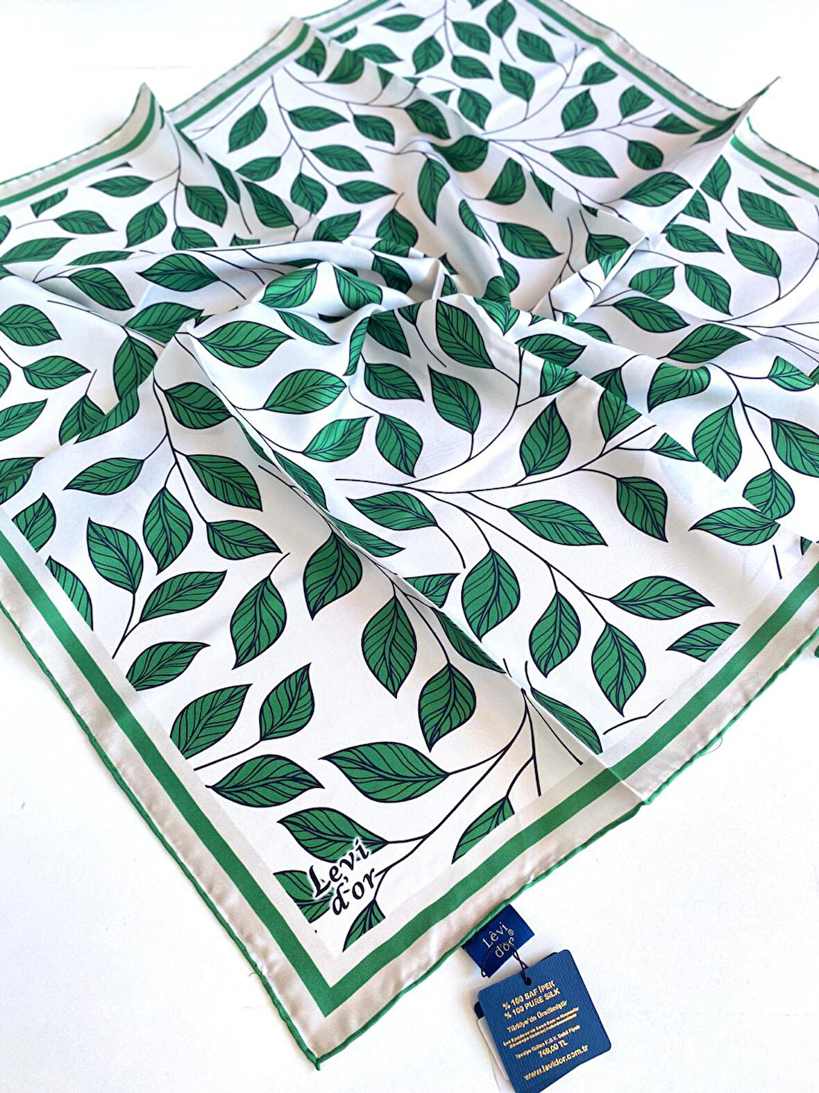 Levidor Tivil Saf İpek Eşarp 49207 Yeşil - Krem Karışık Desen