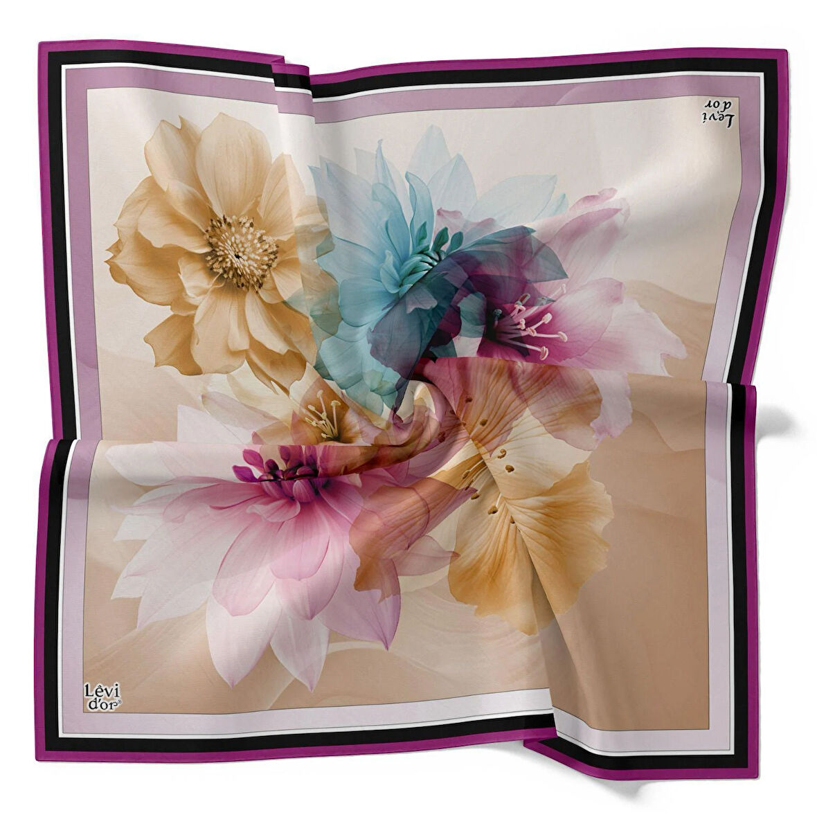 Levidor Tivil İpek Eşarp 4093 - 8 Fuşya Karışık Desen