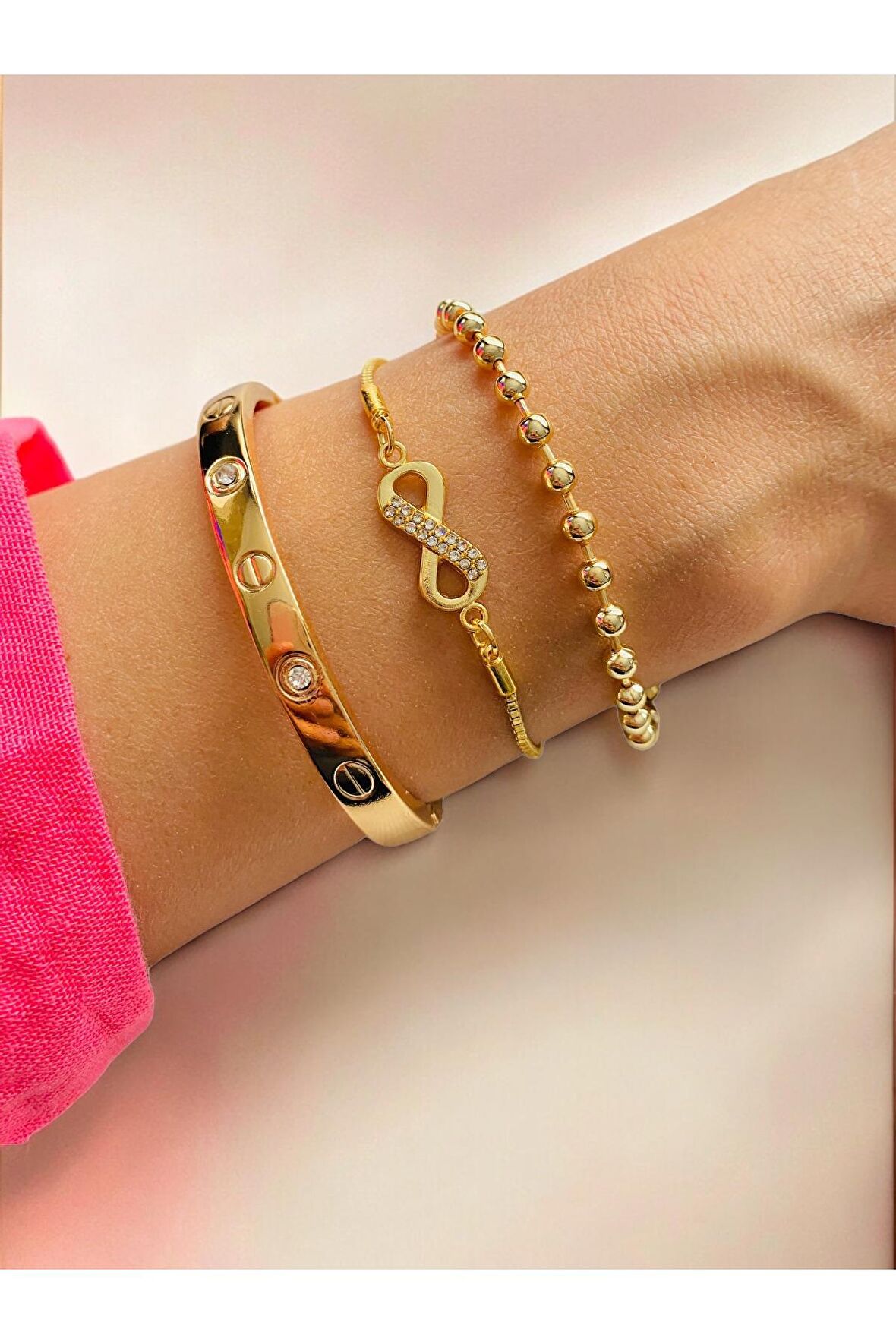 Altın Kaplama 3 lü Kombin Bileklik Seti Gold Renk Kadın Zincir Bilezik Künye Asansör Pandora