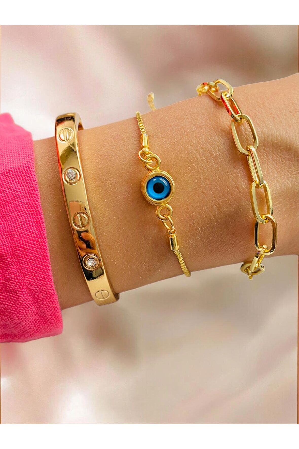 Altın Kaplama 3 lü Kombin Bileklik Seti Gold Renk Kadın Zincir Bilezik Künye Asansör Pandora