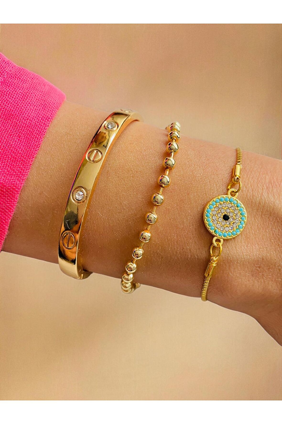 Altın Kaplama 3 lü Kombin Bileklik Seti Gold Renk Kadın Zincir Bilezik Künye Asansör Pandora