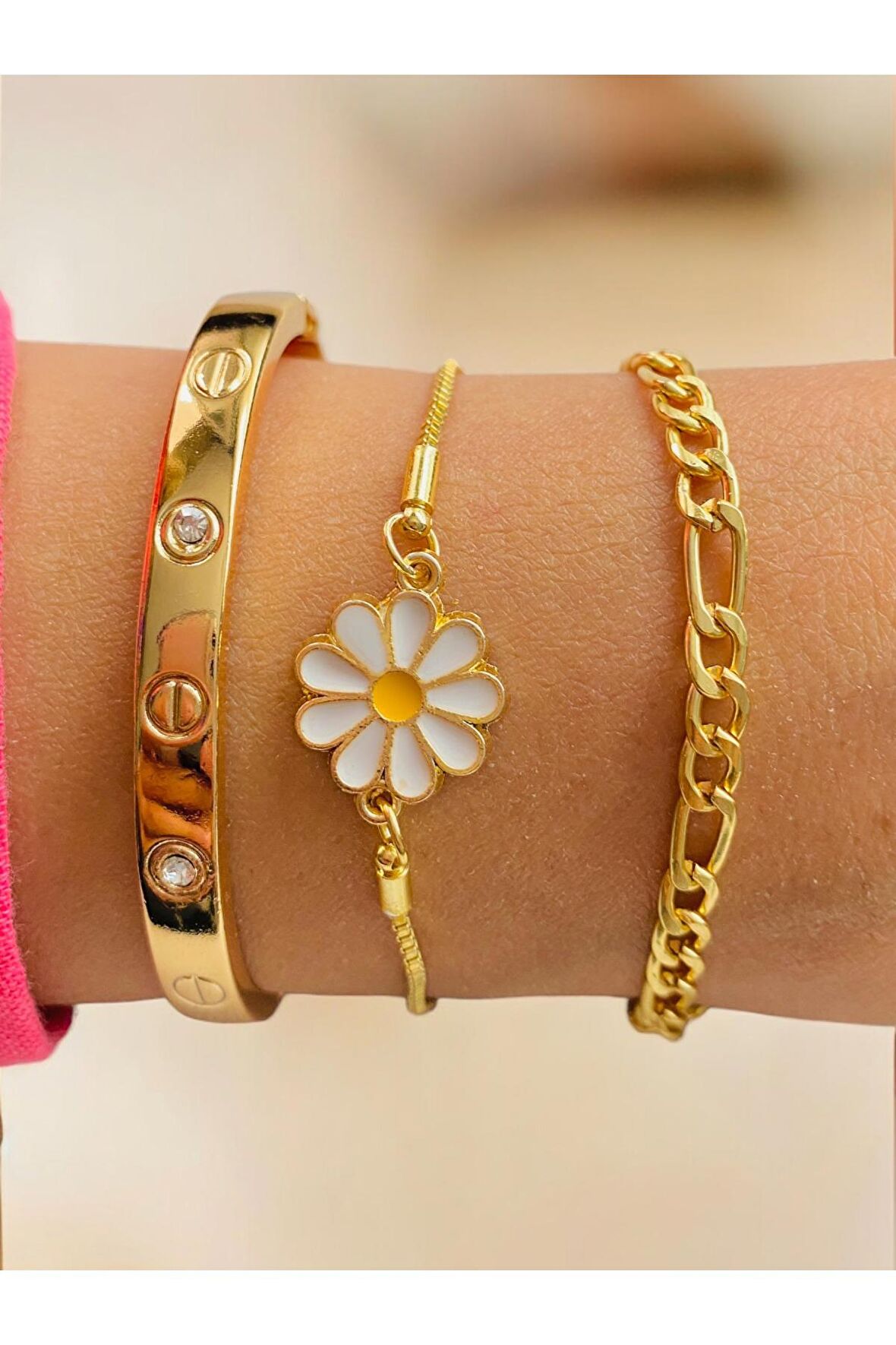 Altın Kaplama 3 lü Kombin Bileklik Seti Gold Renk Kadın Zincir Bilezik Künye Asansör Pandora