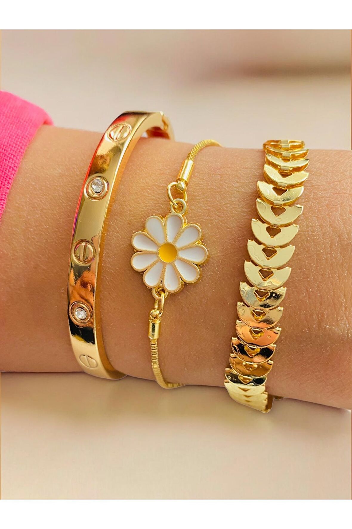Altın Kaplama 3 lü Kombin Bileklik Seti Gold Renk Kadın Zincir Bilezik Künye Asansör Pandora