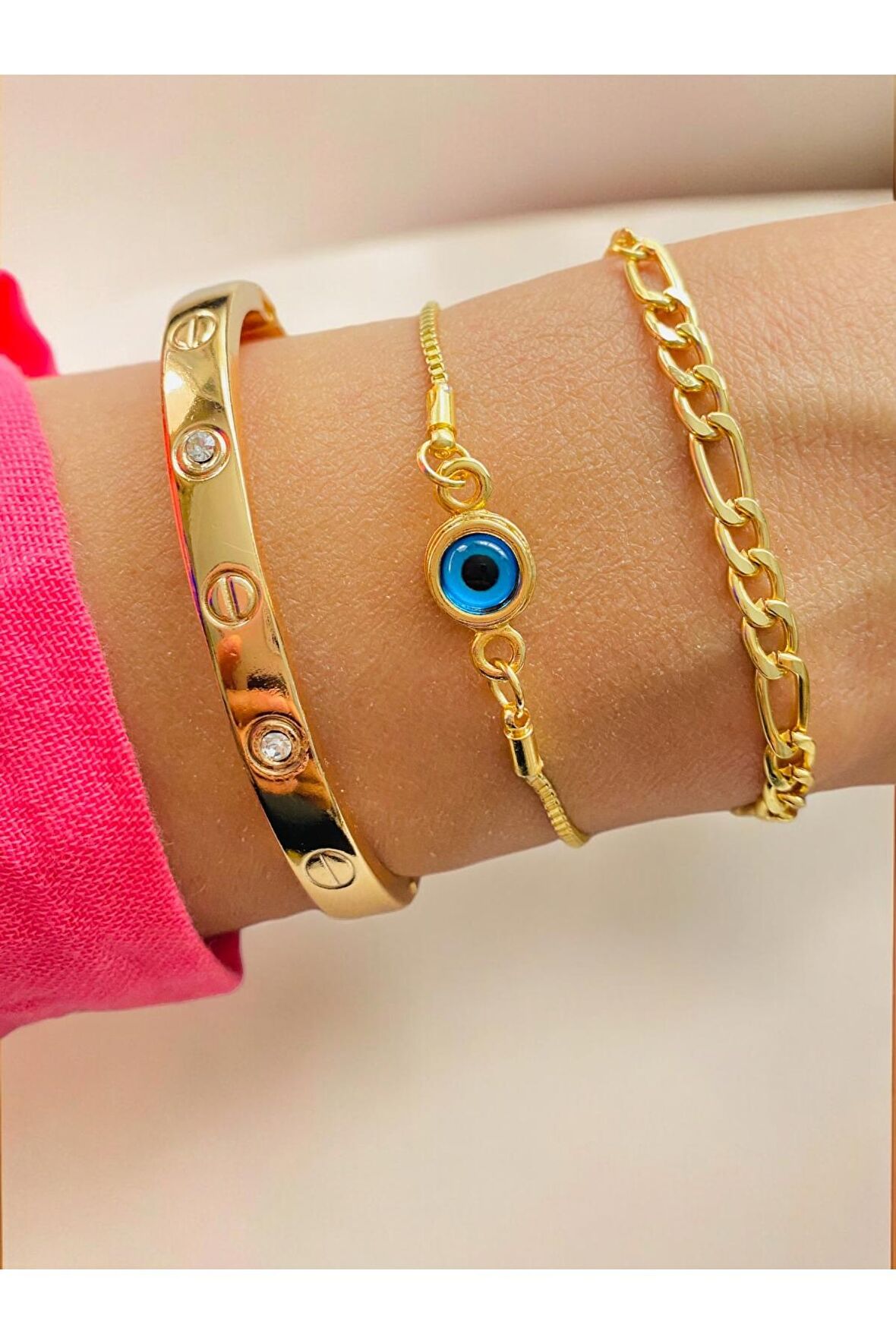 Altın Kaplama 3 lü Kombin Bileklik Seti Gold Renk Kadın Zincir Bilezik Künye Asansör Pandora
