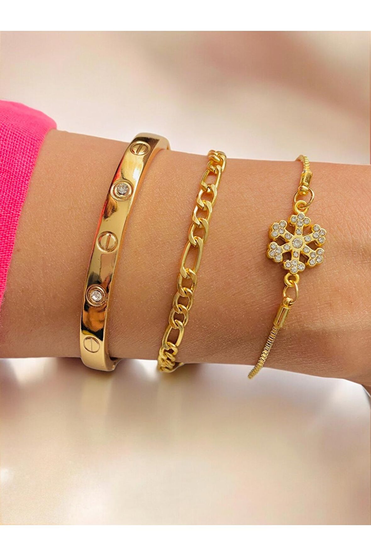 Altın Kaplama 3 lü Kombin Bileklik Seti Gold Renk Kadın Zincir Bilezik Künye Asansör Pandora
