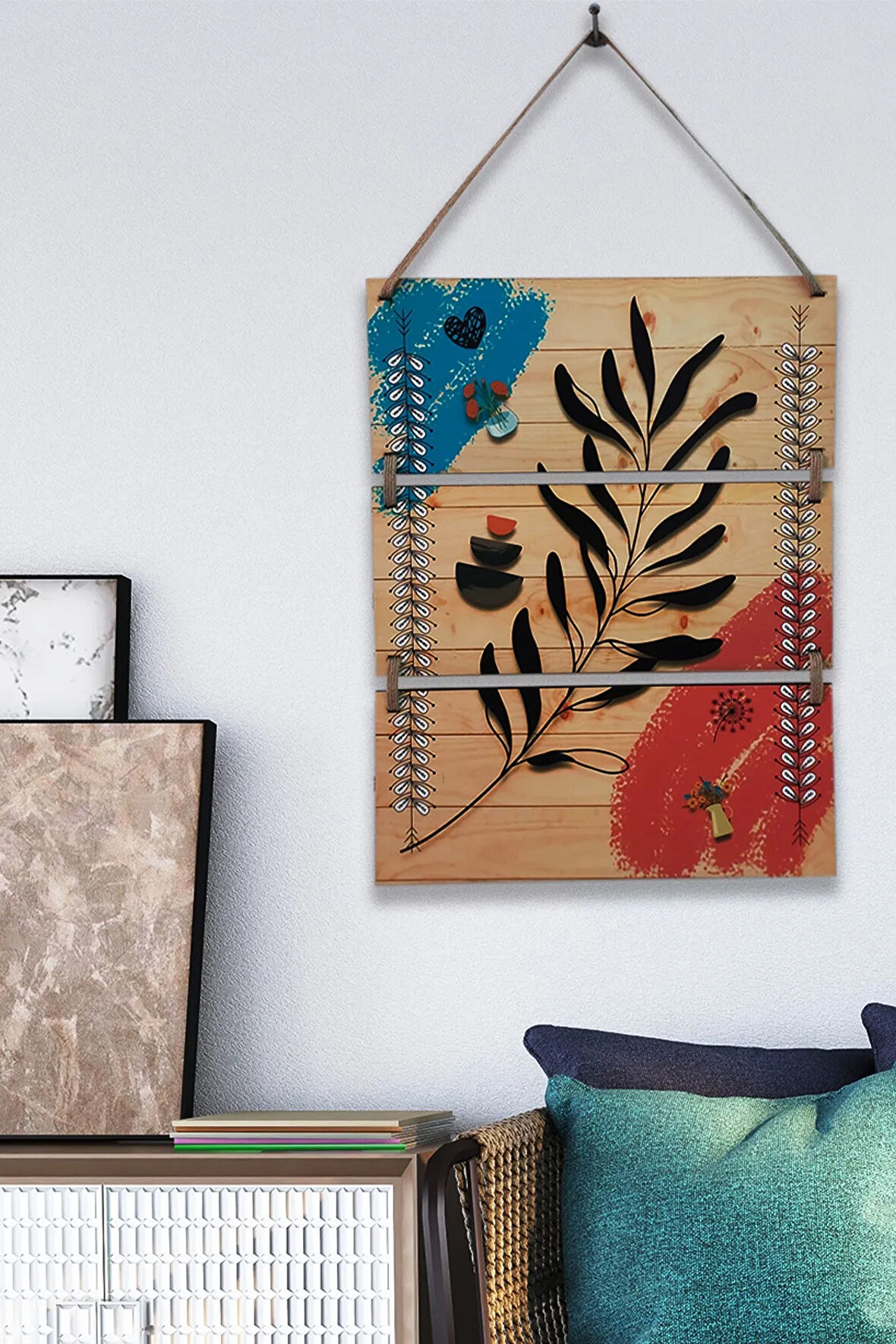 3'lü Şık Modern Boho Ahşap Tablo Modeli, Ev, Oturma Odası, Salon, Ofis Duvar Dekorasyonu