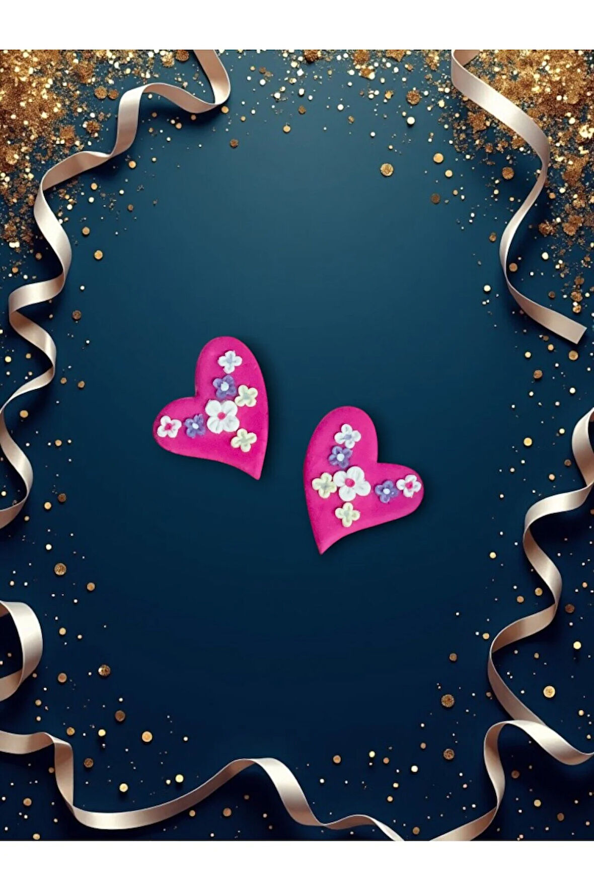 Muffyclay Özel Tasarım, El Yapımı Polimer Kil Pembe Kalp Üzeri Çiçek Motifli Küpe