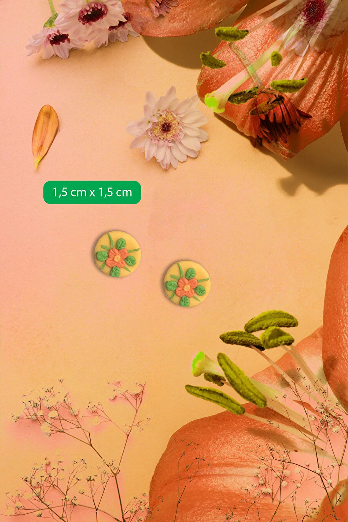 MuffyClay Özel Tasarım, El Yapımı Polimer Kil Sarı Üzeri Çiçekli Küpe