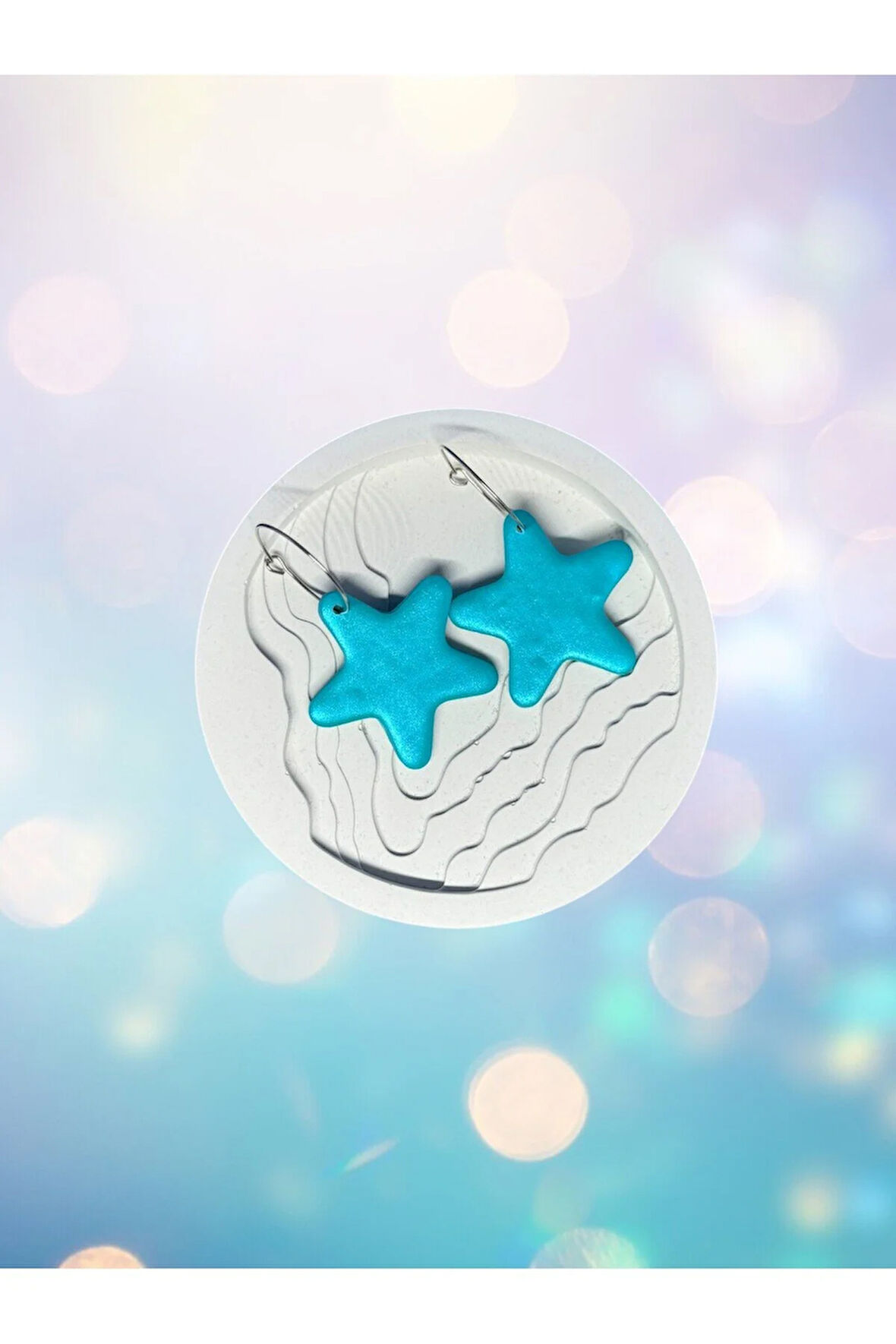 MuffyClay Özel Tasarım, Polimer Kil Halka Mavi Yıldız Küpe - Starlight