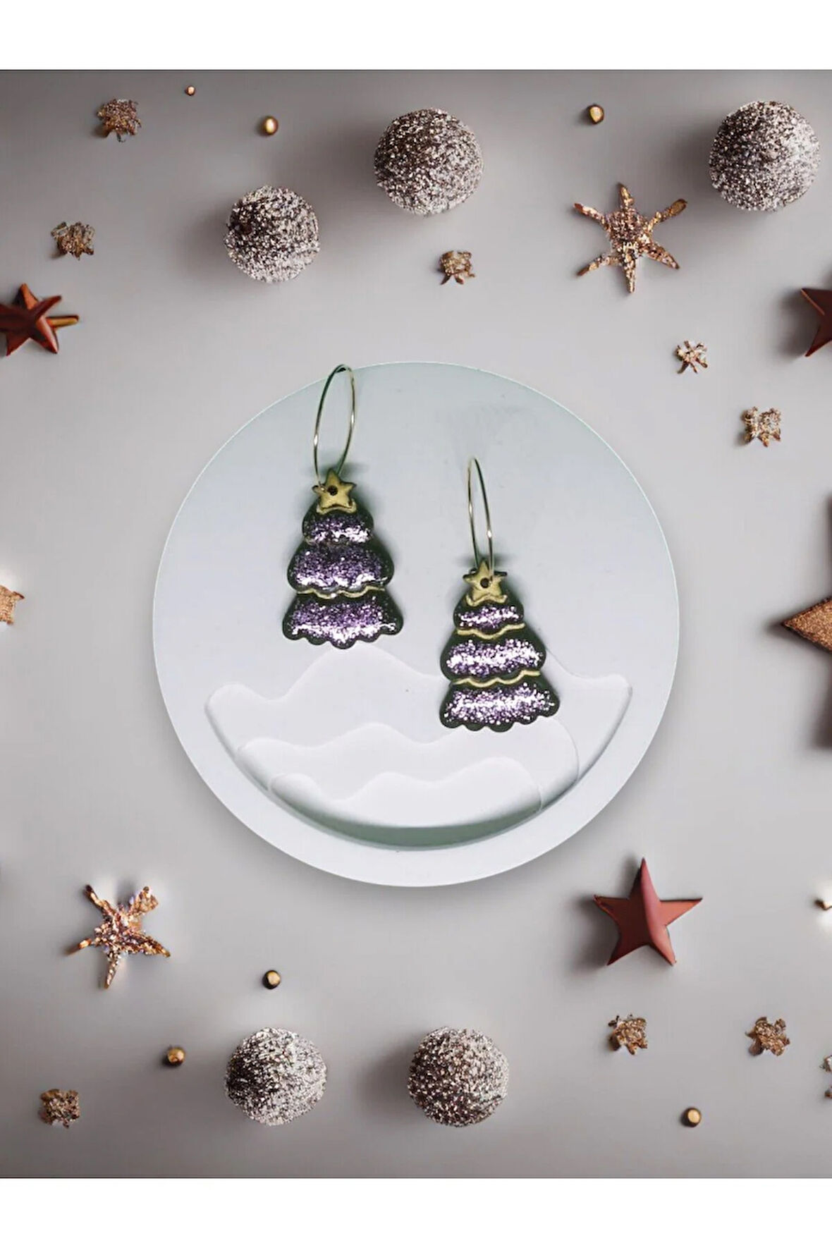 MuffyClay Özel Tasarım, Polimer Kil Halka Simli Çam Ağacı Küpe - Yılbaşı Özel Tasarım