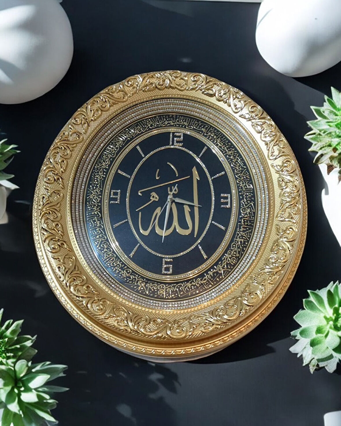 ALLAH YAZILI SAAT SİYAH GOLD 52*60 CM