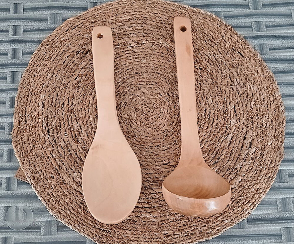 Doğal Bambu Ahşap Kepçe+Pilav Kaşığı 27cm Çorba Yemek Kepçesi ve Kaşığı