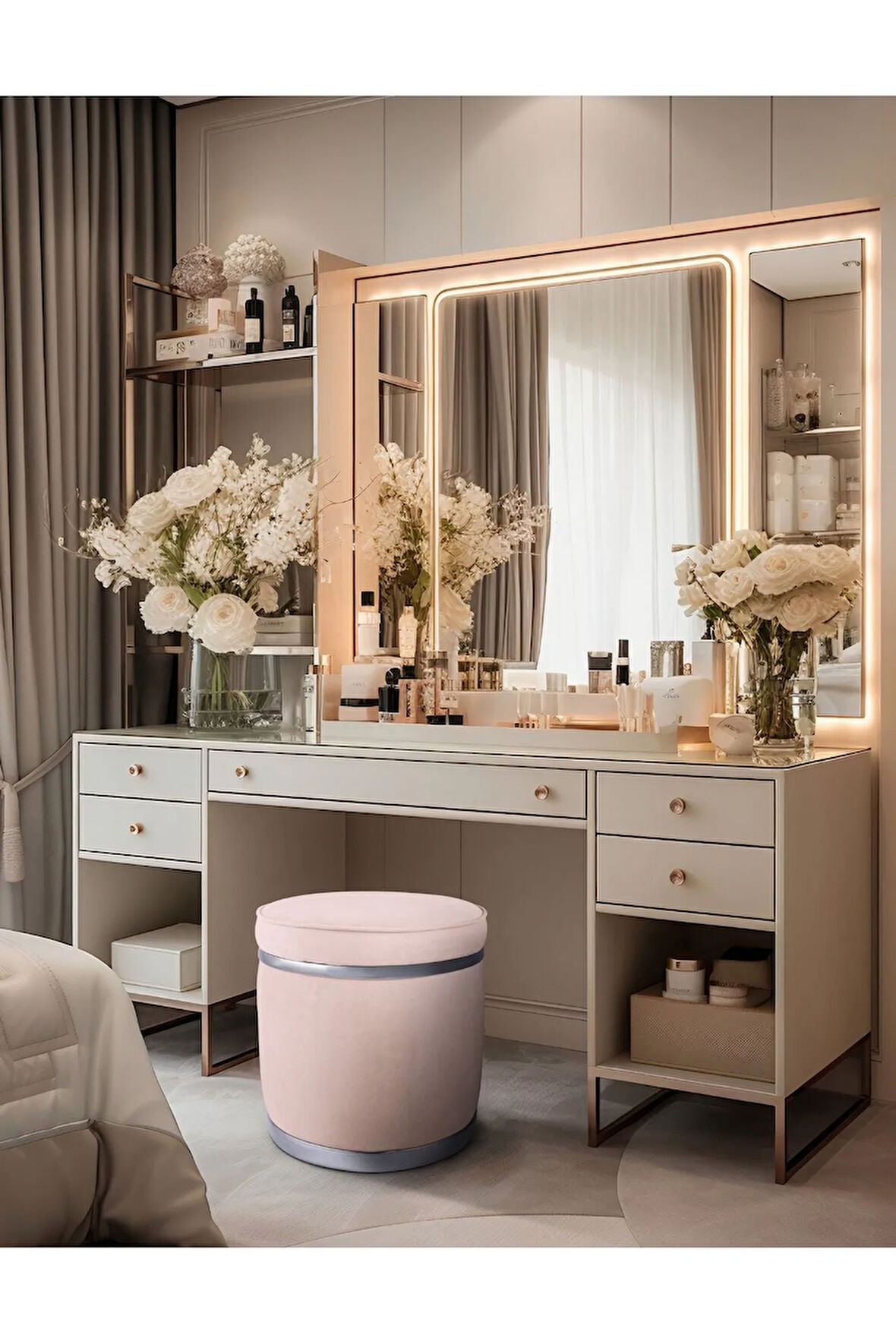 Zerafet Silver Kaplama Luxery Puf- Pembe Babyface Kumaş Pofuduk Puf, Makyaj Koltuğu