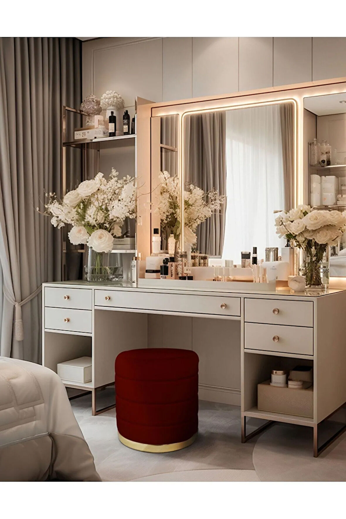 Lungo Roller Gold Kaplama Pofuduk Puf - Bordo Silindir Makyaj Masası Puf Koltuğu