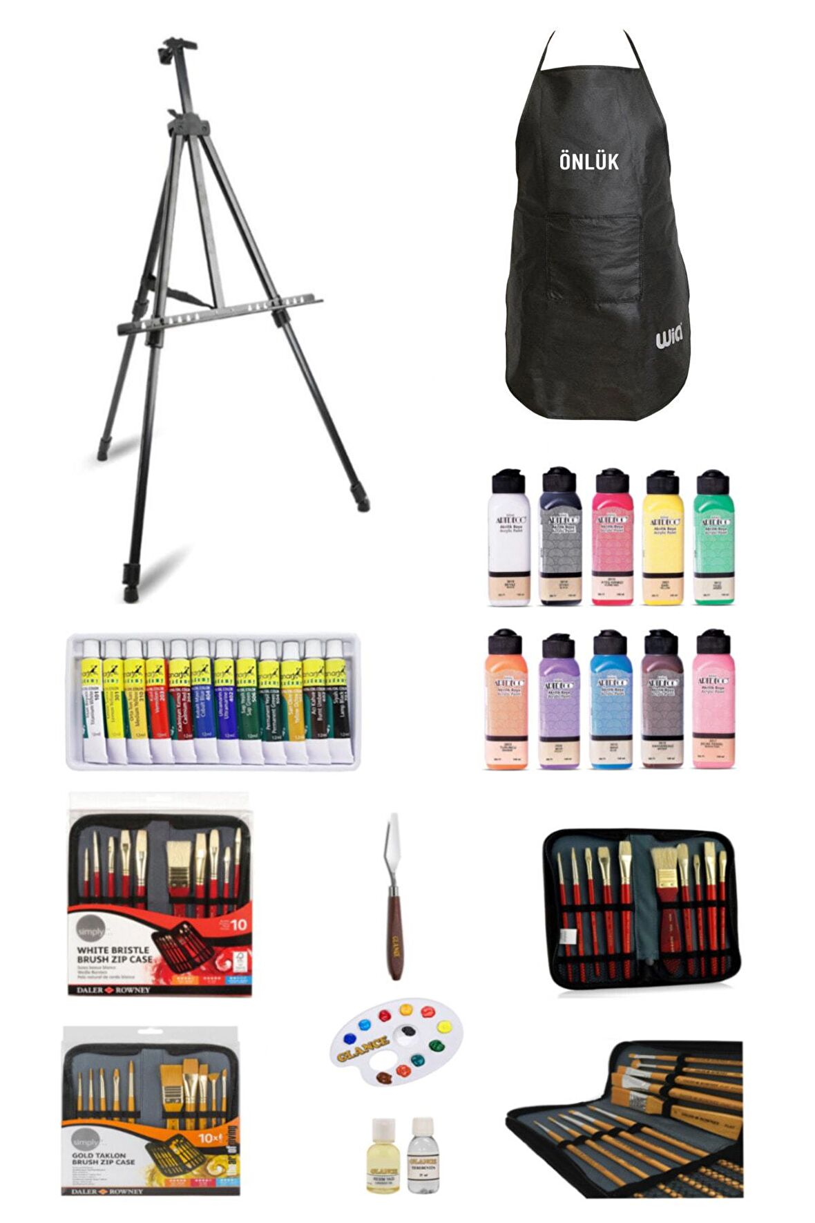 Fanart Academy 12x12 ml Yağlı Boya Artdeco 140 ml Akrilik Boya Gereçleri Metal Şövale Seti