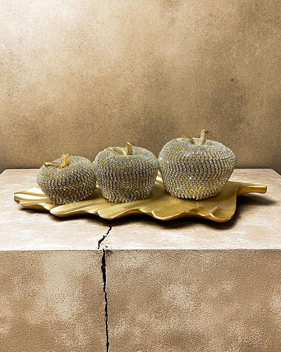 3'lü Kristal Taşlı Elma Dekor Seti Gold