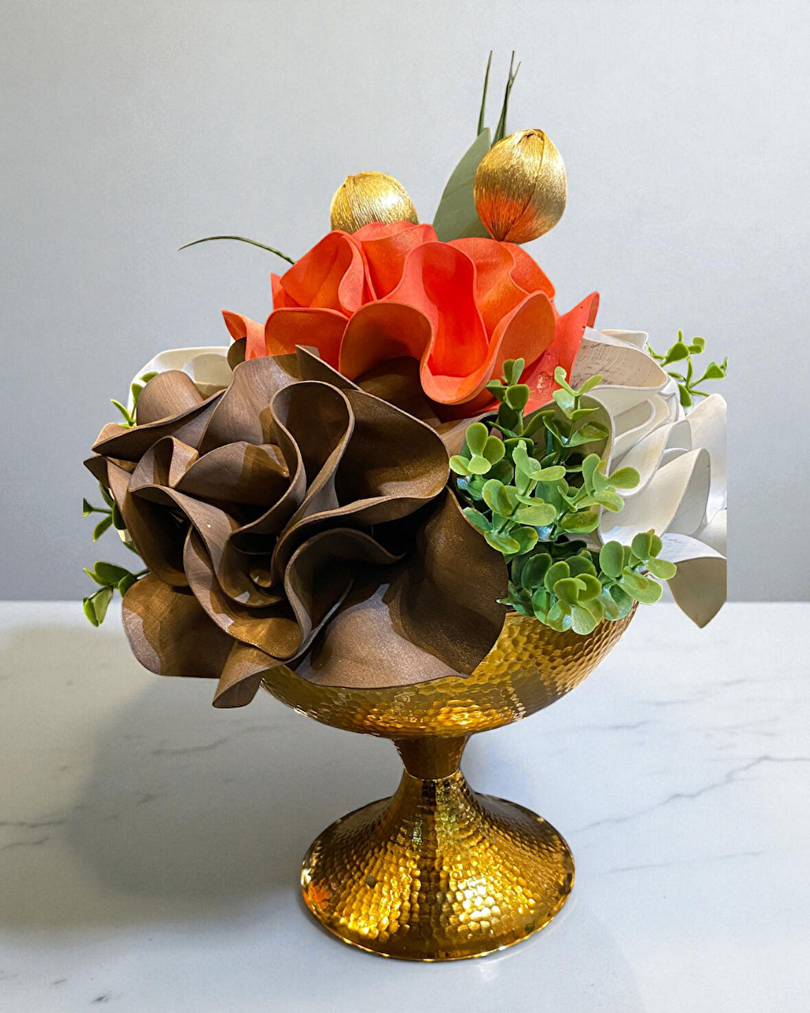 Dekoratif Metal Saksılı Aranjman Çiçek Turuncu