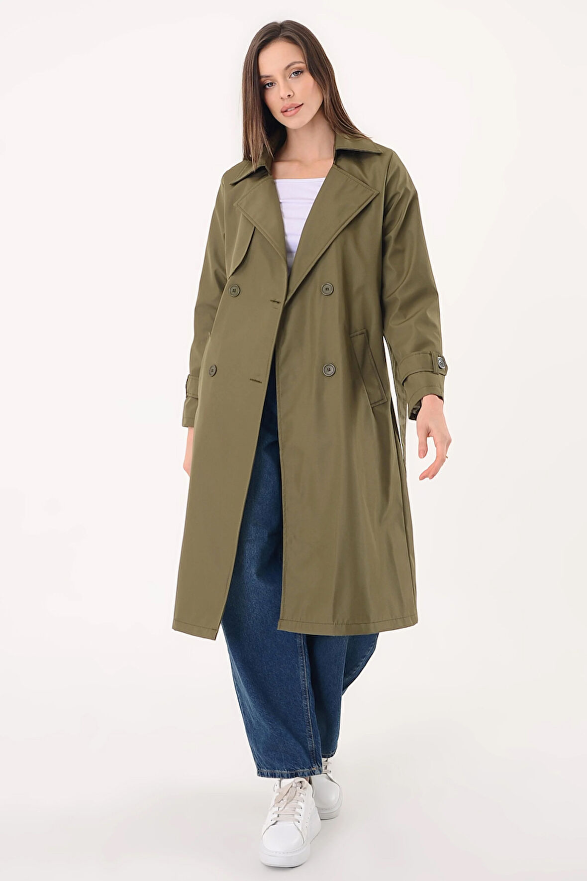 Kadın Kruvaze Yaka Haki Trençkot