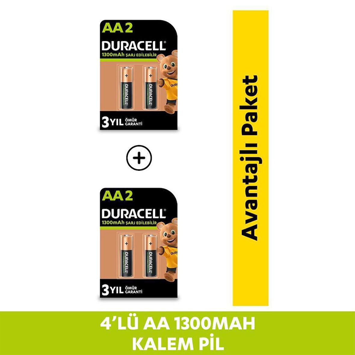 Duracell Şarj Edilebilir AA 1300mAh Piller, 2 Li Paket x2 (4 Adet)