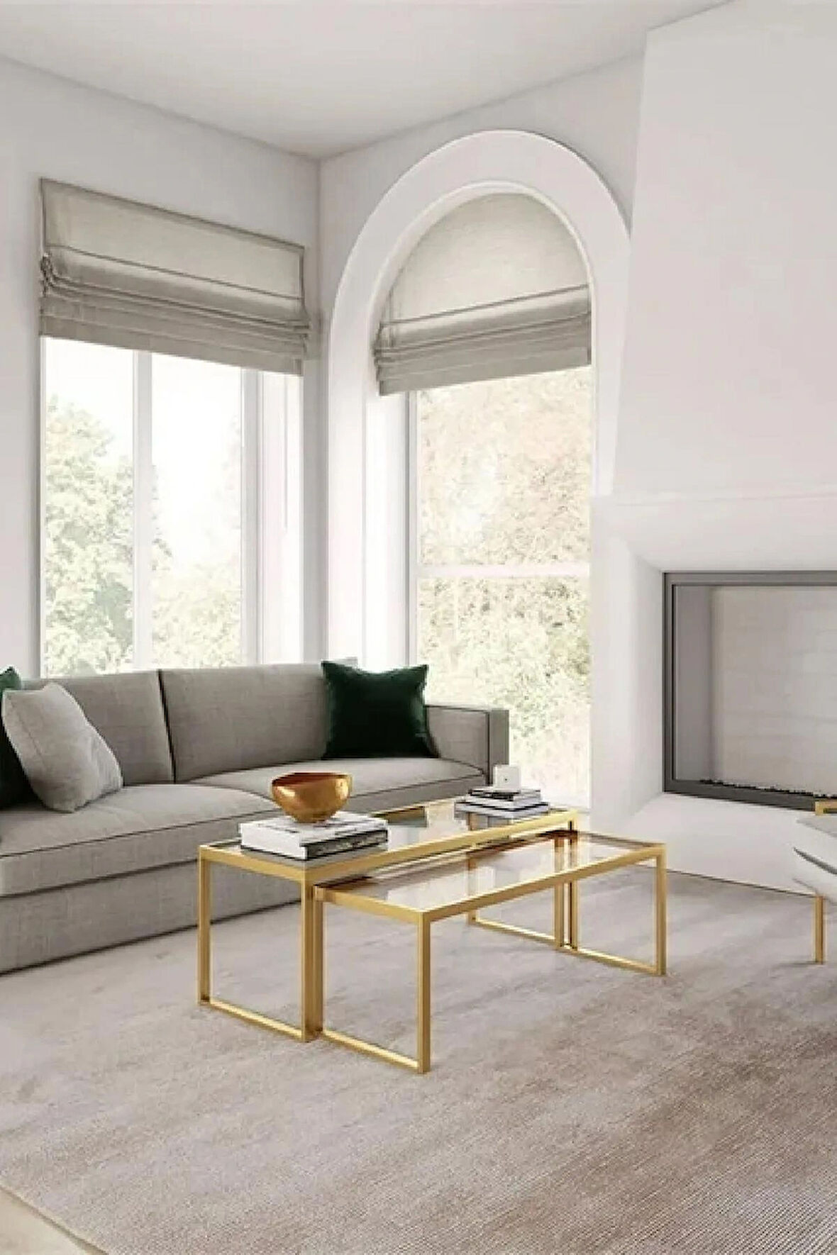 Modern Gold Renk 2’li Metal İskeletli Temper Camlı Zigon Orta Sehpa