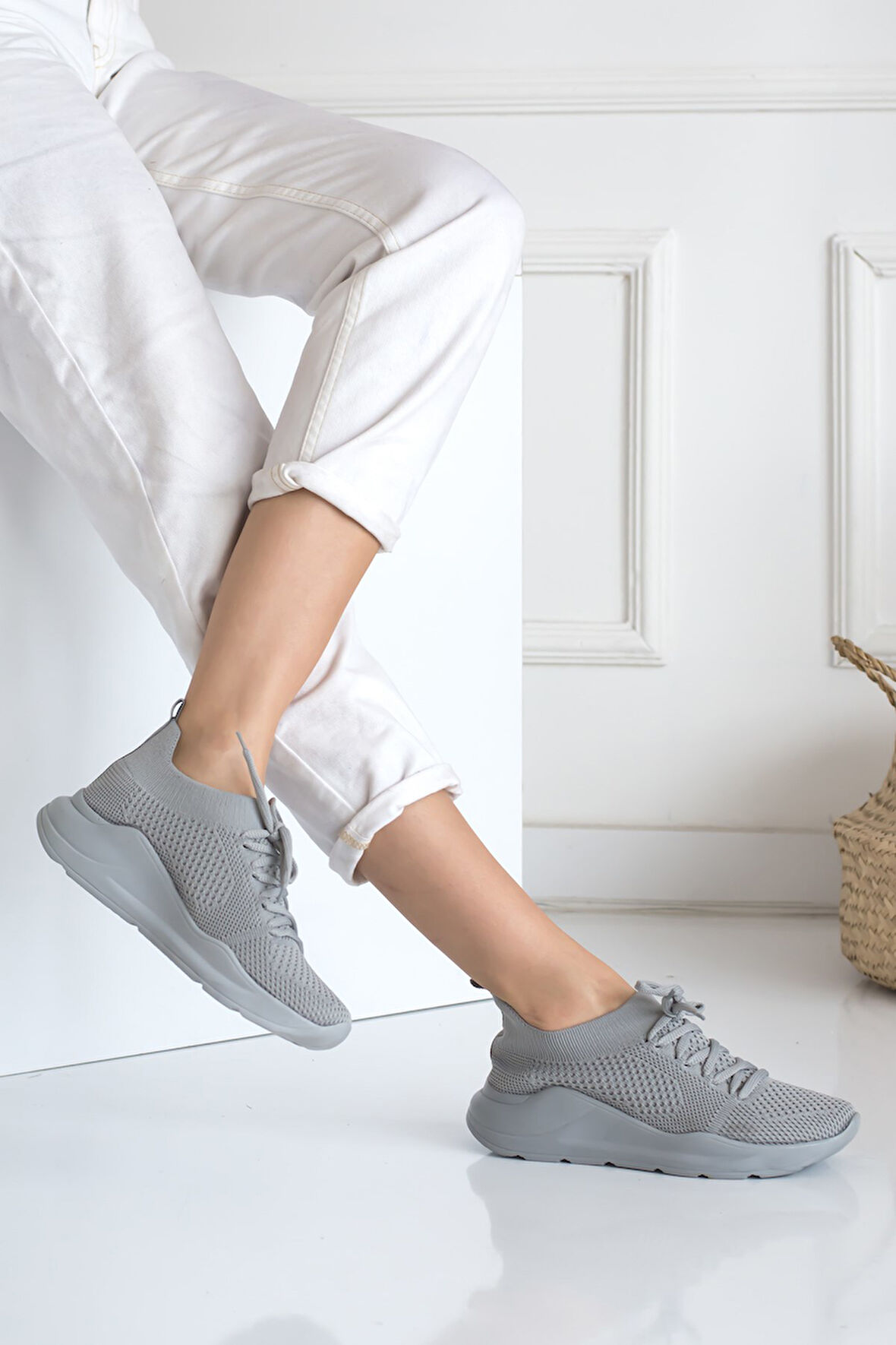 Kadın Triko Sneaker Bağcıklı Çorap Bileklik Detaylı Spor Ayakkabı 017