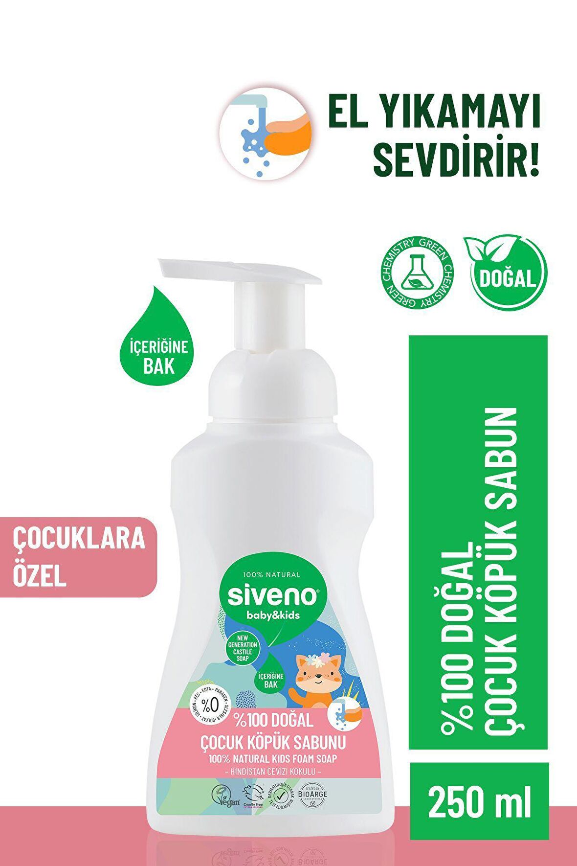 Siveno %100 Doğal Çocuk Köpük Kastil Sabun Zeytinyağlı Yoğun Nemlendirici Arındırıcı Bitkisel Vegan 250 ml