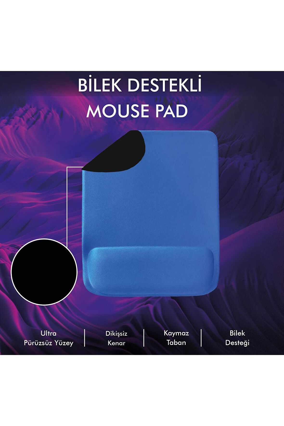 MP02 - Mavi Dörtgen Bilek Destekli Mouse Pad | Konfor, Kaymaz Taban, Ergonomik, Yumuşak, Ev,ofis