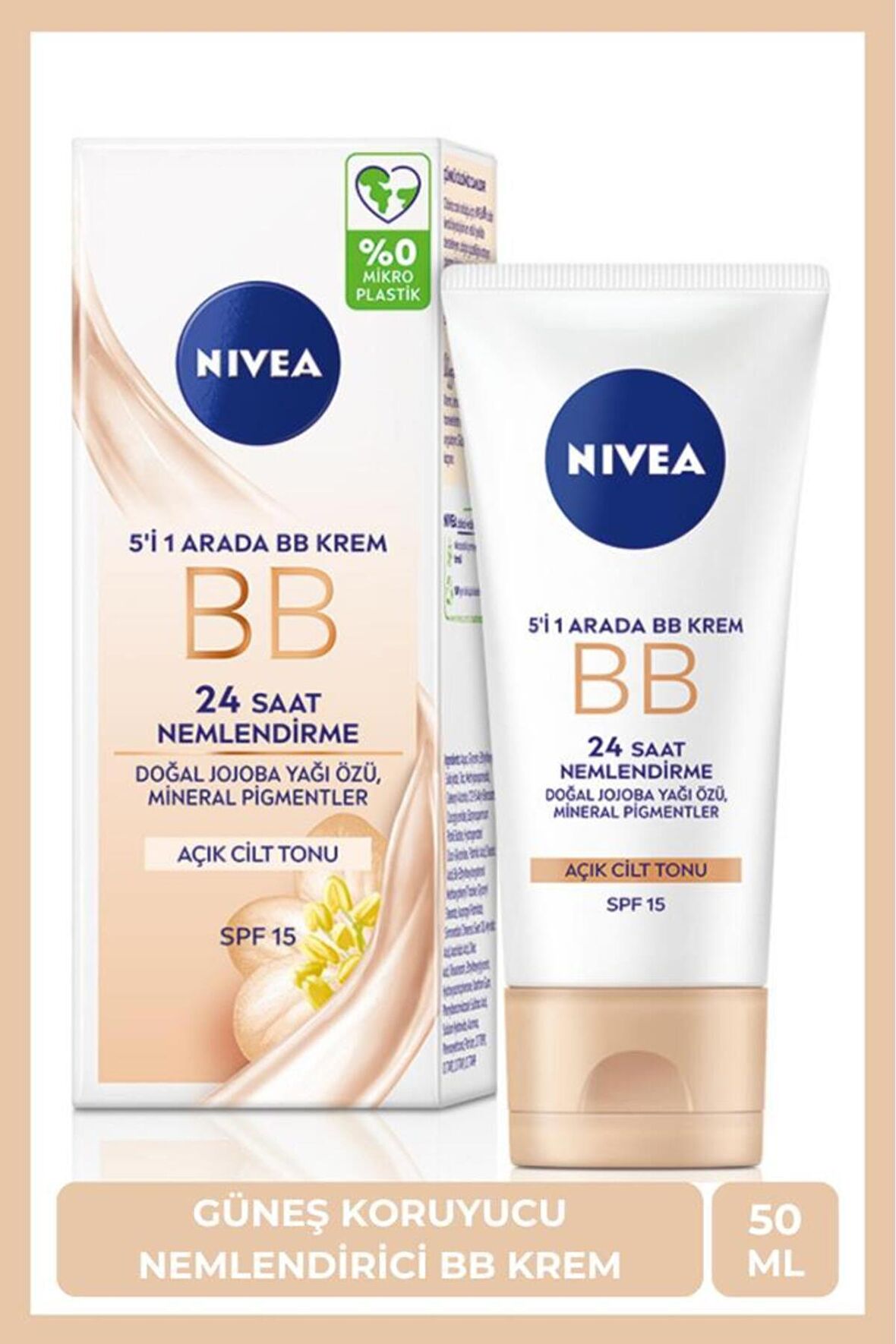 Nivea BB Krem Nemlendirici Yüz Bakım 50ml, SPF15, Açık Ton, Jojoba Yağı Özü ie Aydınlık Cilt