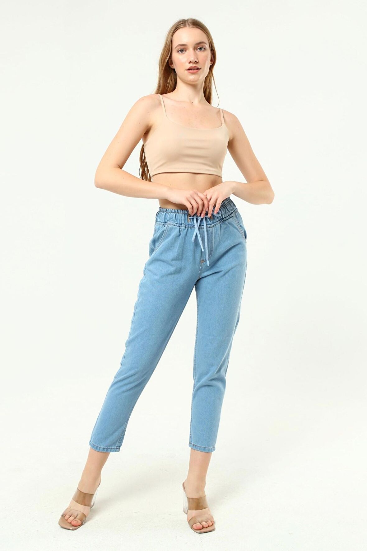 Beli İpli Kemer Lastikli Mom Jeans Kot Pantolon