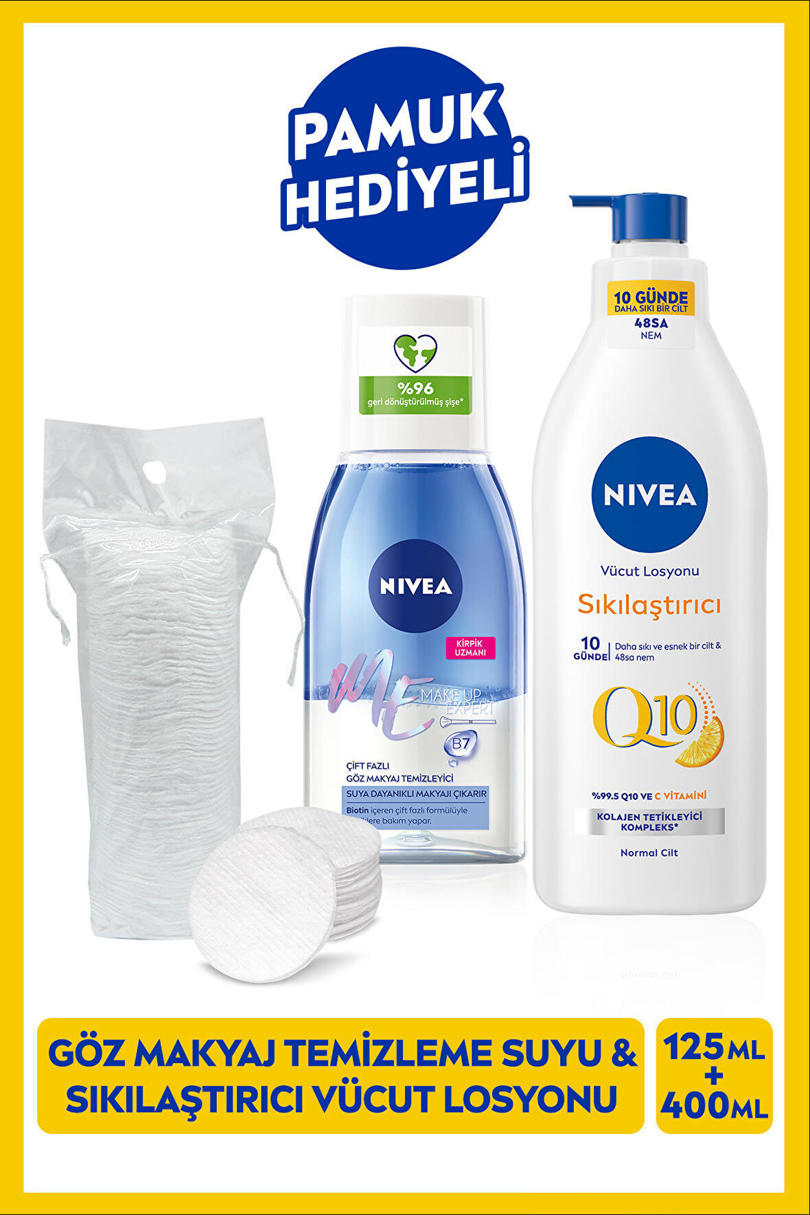 Nivea Çift Fazlı Göz Makyaj Temizleme Suyu 125ml ve Q10 Sıkılaştırıcı Vücut Losyonu 400ml, Pamuk Hediye