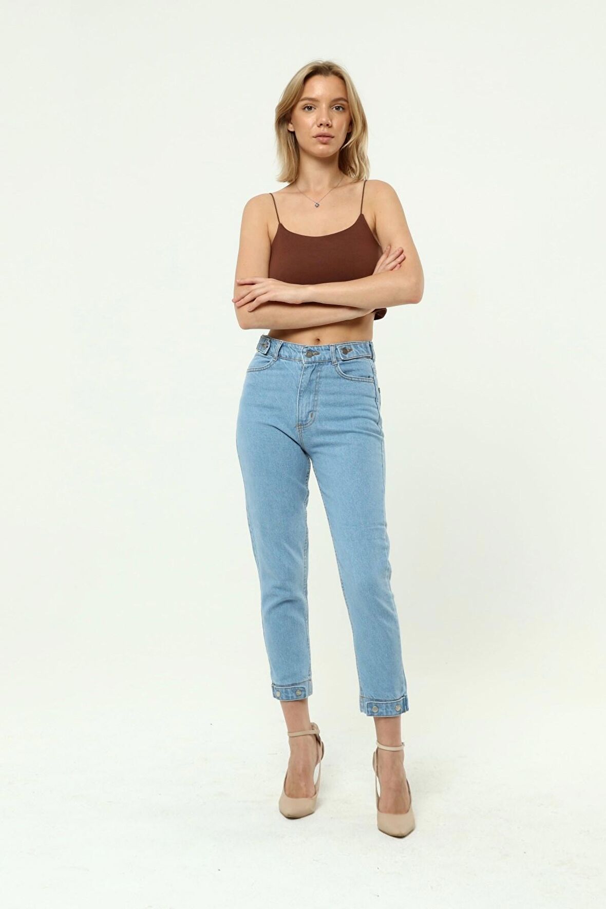 Kadın Paça Kemer Apoletli Mom Jeans