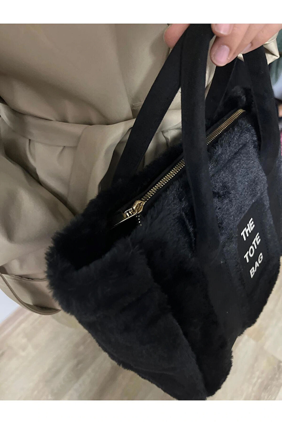 Siyah İnci Peluş Tote El ve Omuz Çantası