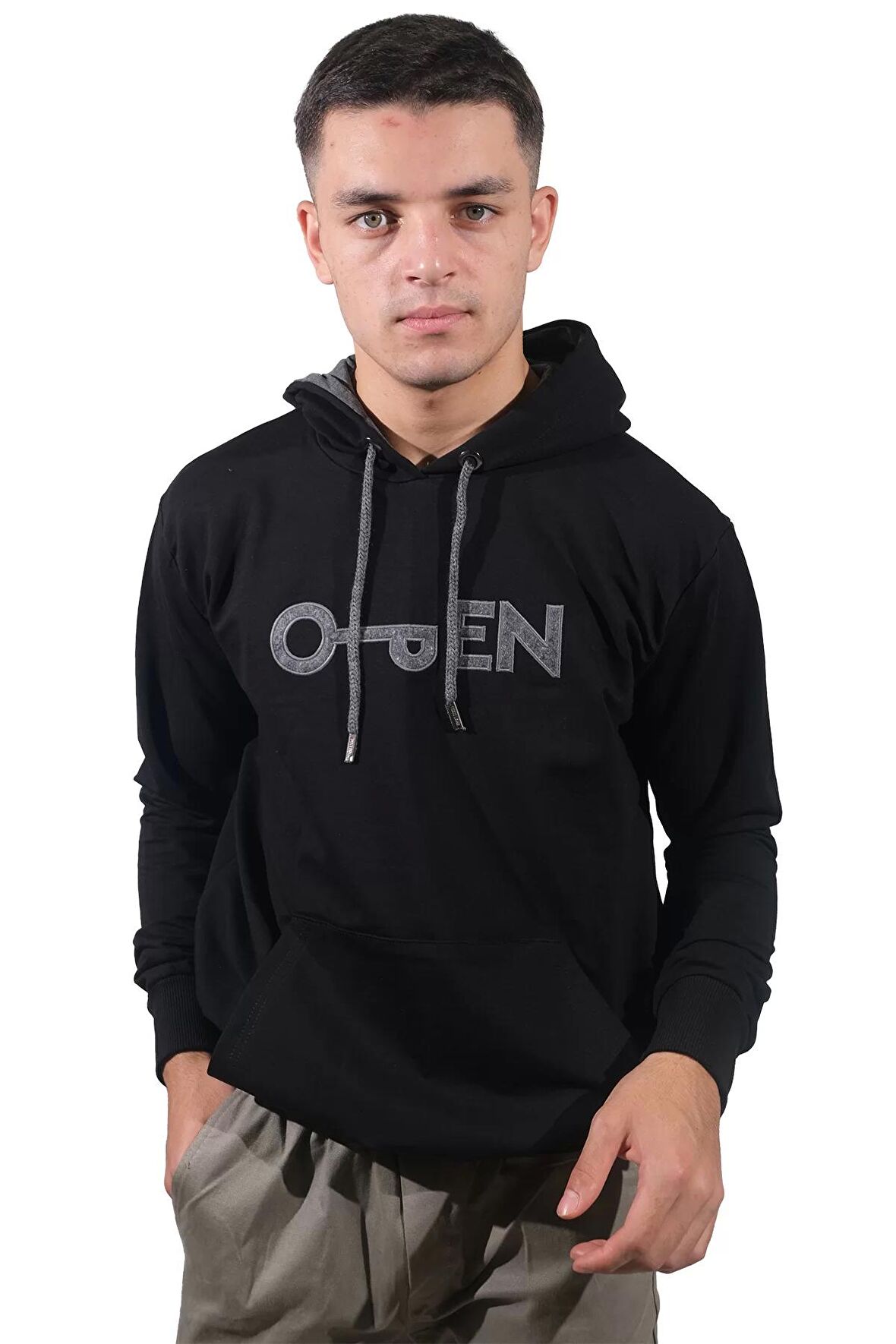 Erkek Open Kanguru Siyah Kapüşonlu Sweatshirt-801