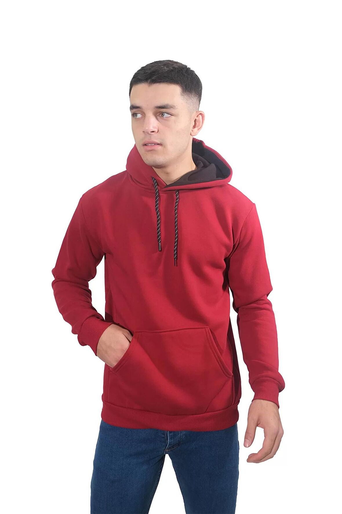 Erkek Basic Bordo Kapüşonlu Sweatshirt-245