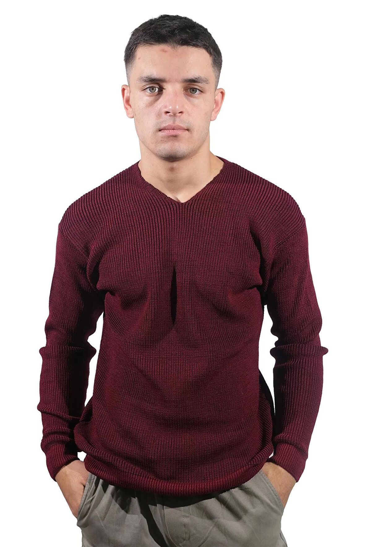 Erkek V Yaka Koyu Bordo Kazak-2271