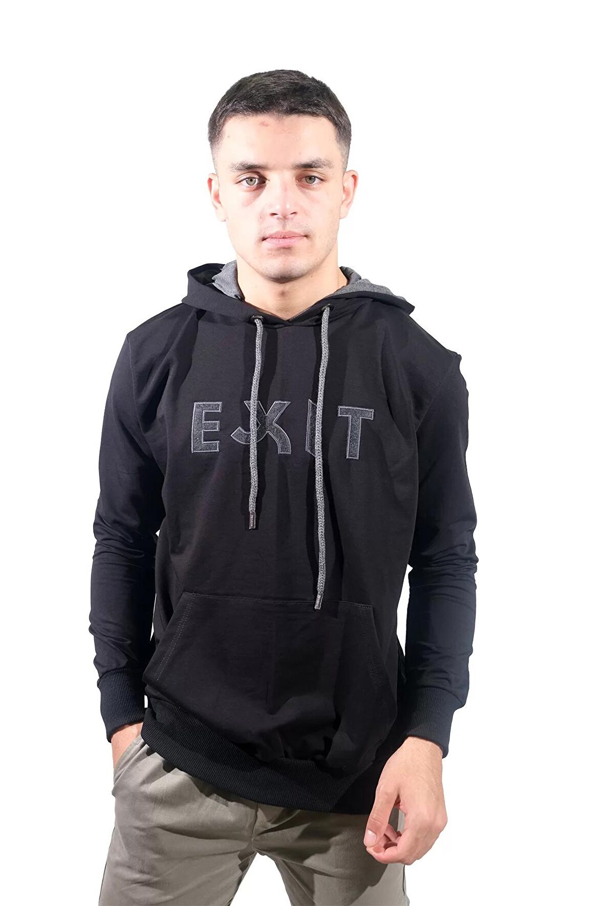 Erkek Exıt Kanguru Siyah Kapüşonlu Sweatshirt-907