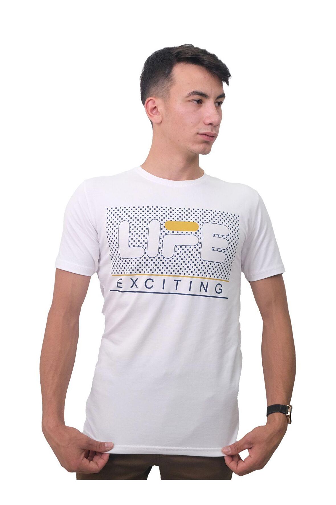 Erkek Bisiklet Yaka Life Beyaz Tişört